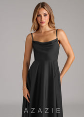 Azazie Elle Black A-Line Pleated Stretch Satin Dress black