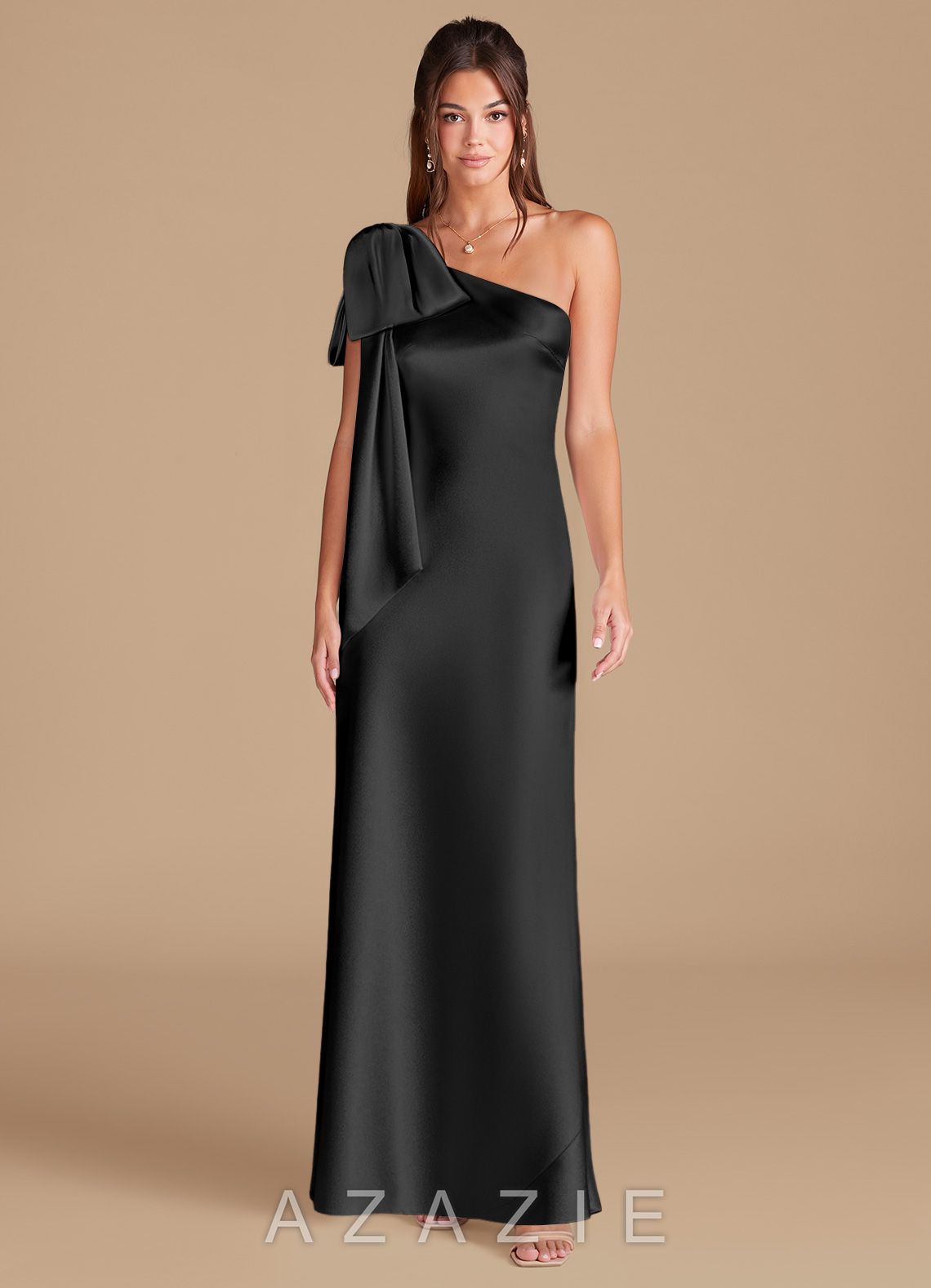 Azazie Capri Black Sheath One Shoulder Metallic Satin Dress black