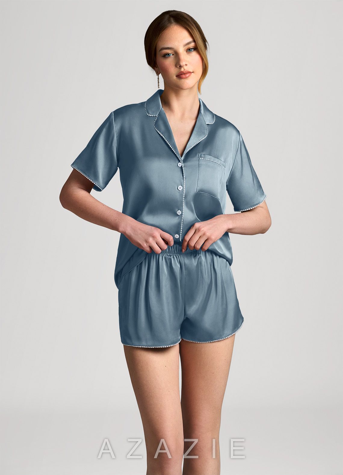Satin Lurex Trim Short Sleeve Pajama Set