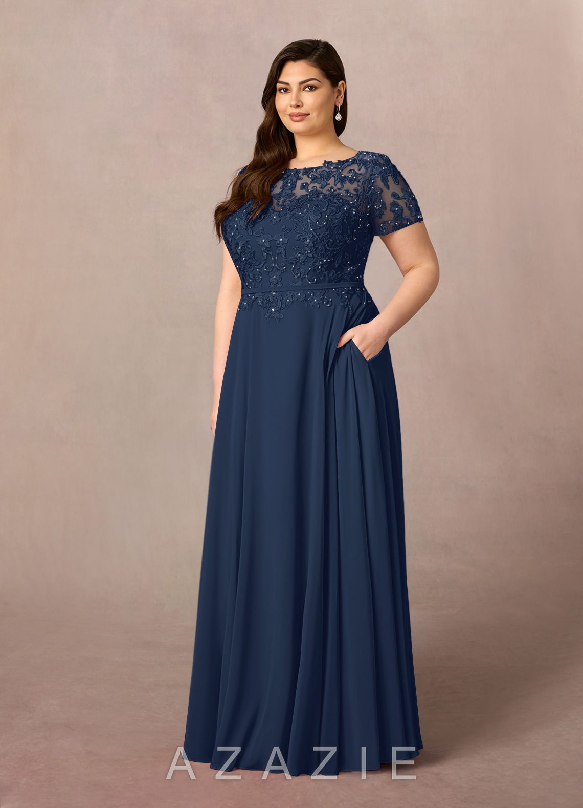 Azazie Adina Dark Navy A-Line Boatneck Sequins Chiffon Dress dark_navy