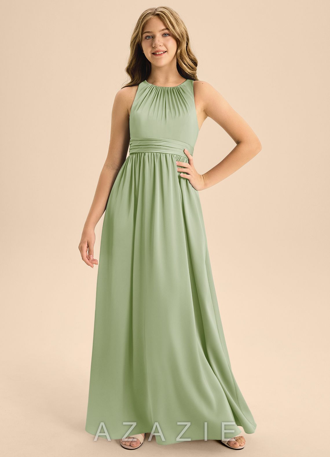 Azazie Jaylah Junior Dusty Sage A-Line Pleated Stretch Satin Dress dusty_sage
