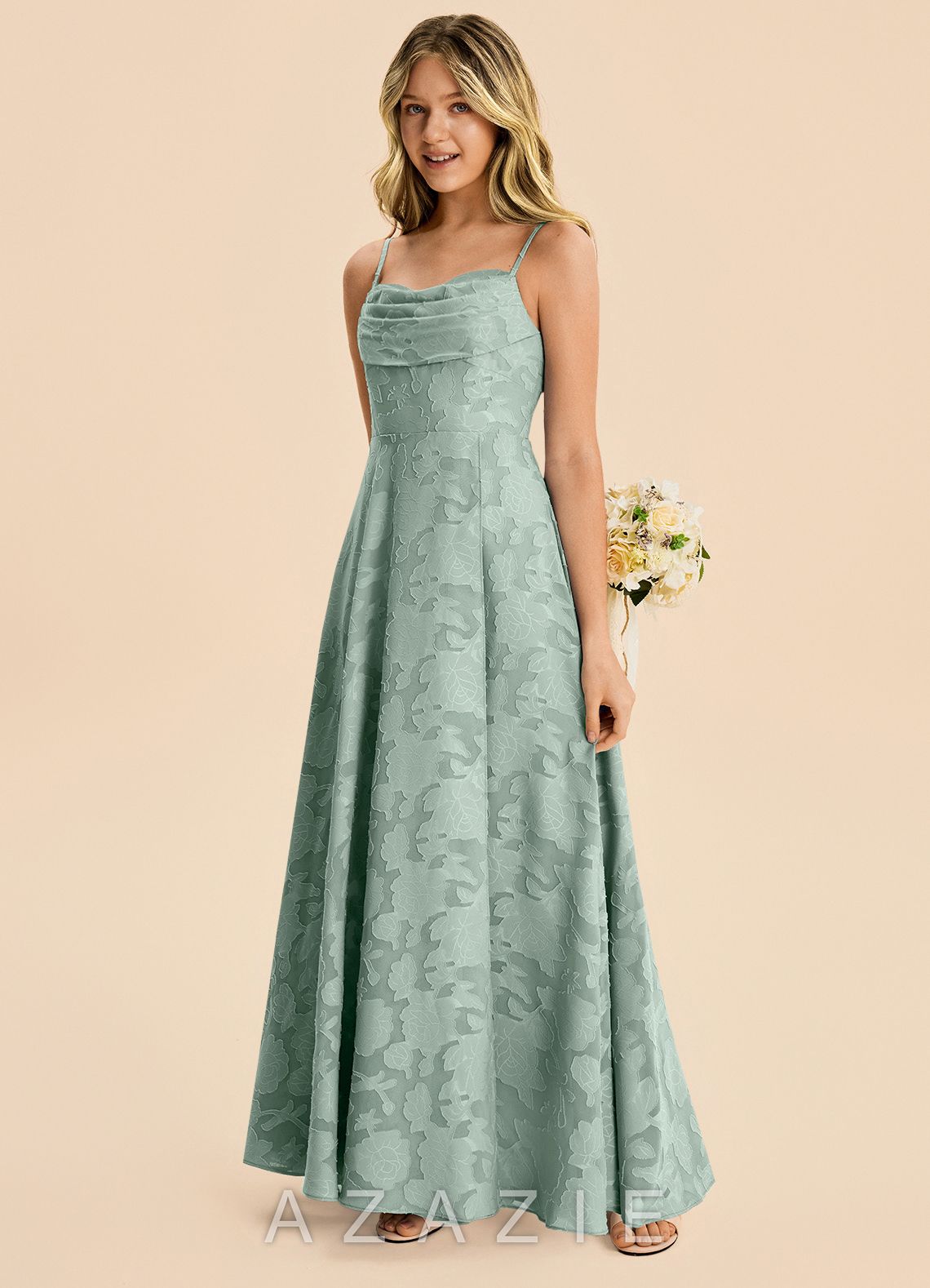 Azazie Bear Junior Agave A-Line Pleated Floral Burnout Dress agave