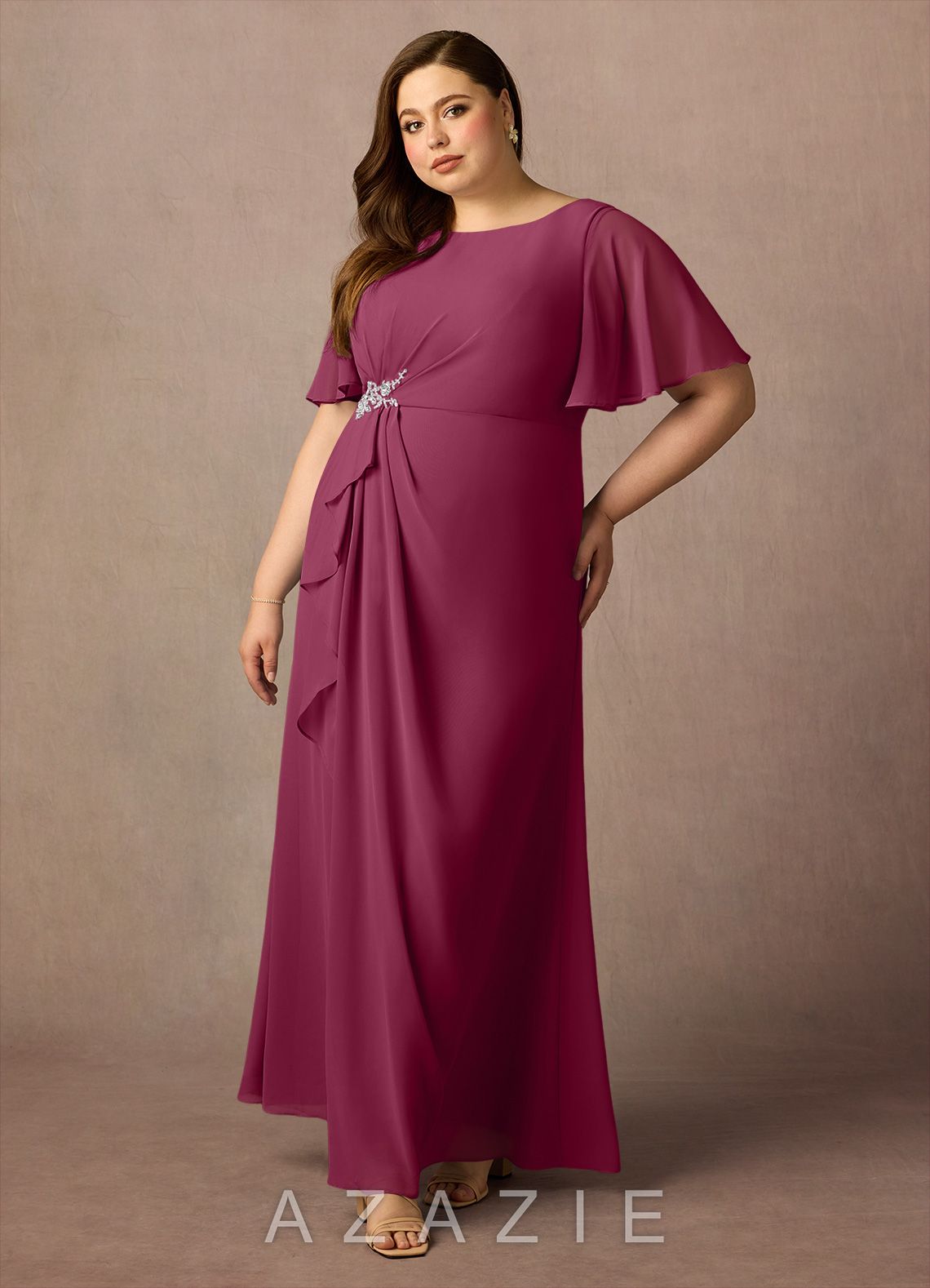 Azazie Rain Mulberry Sheath Beaded Chiffon Dress mulberry