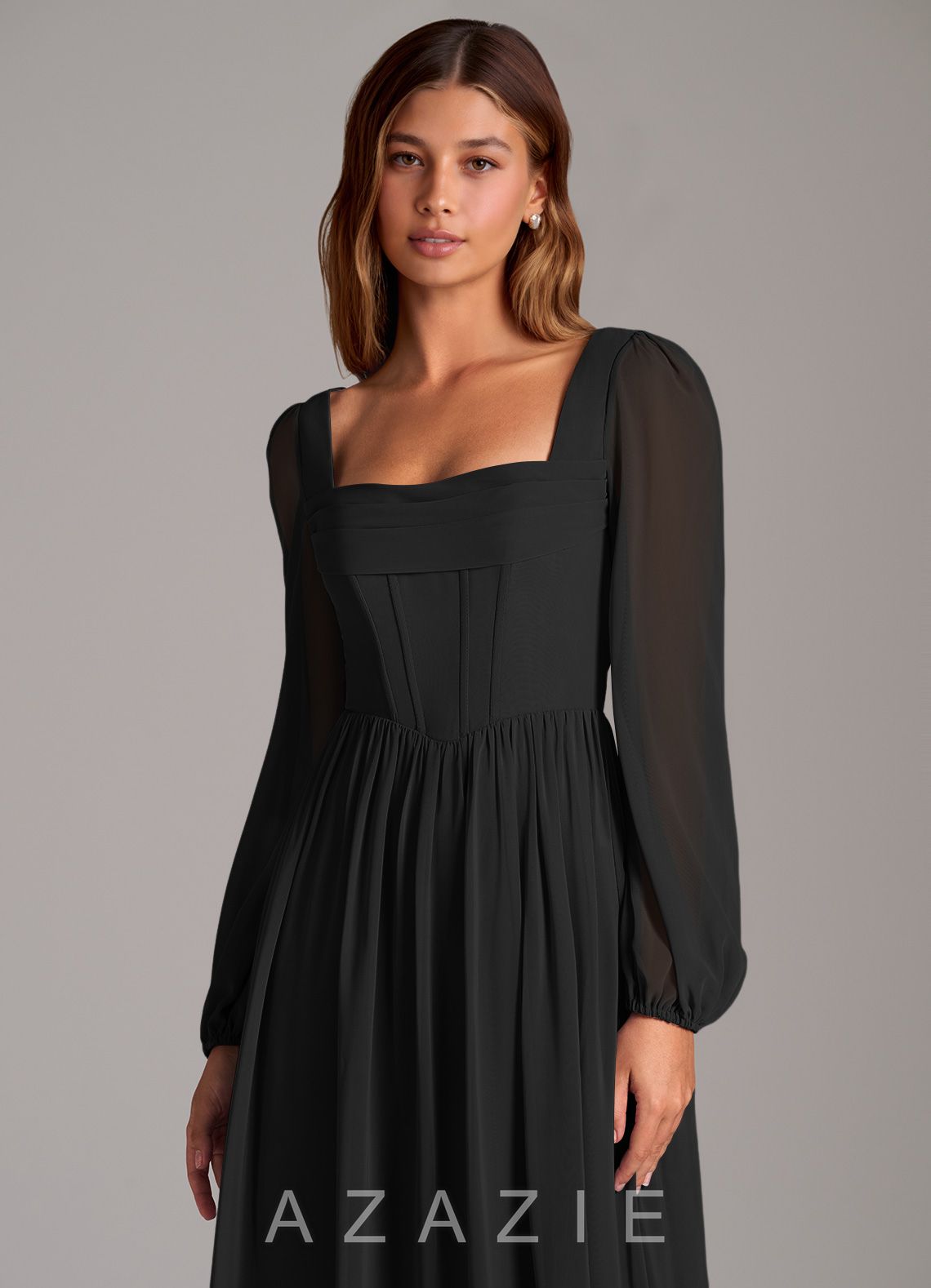 Azazie Maree Black A-Line Corset Chiffon Dress black