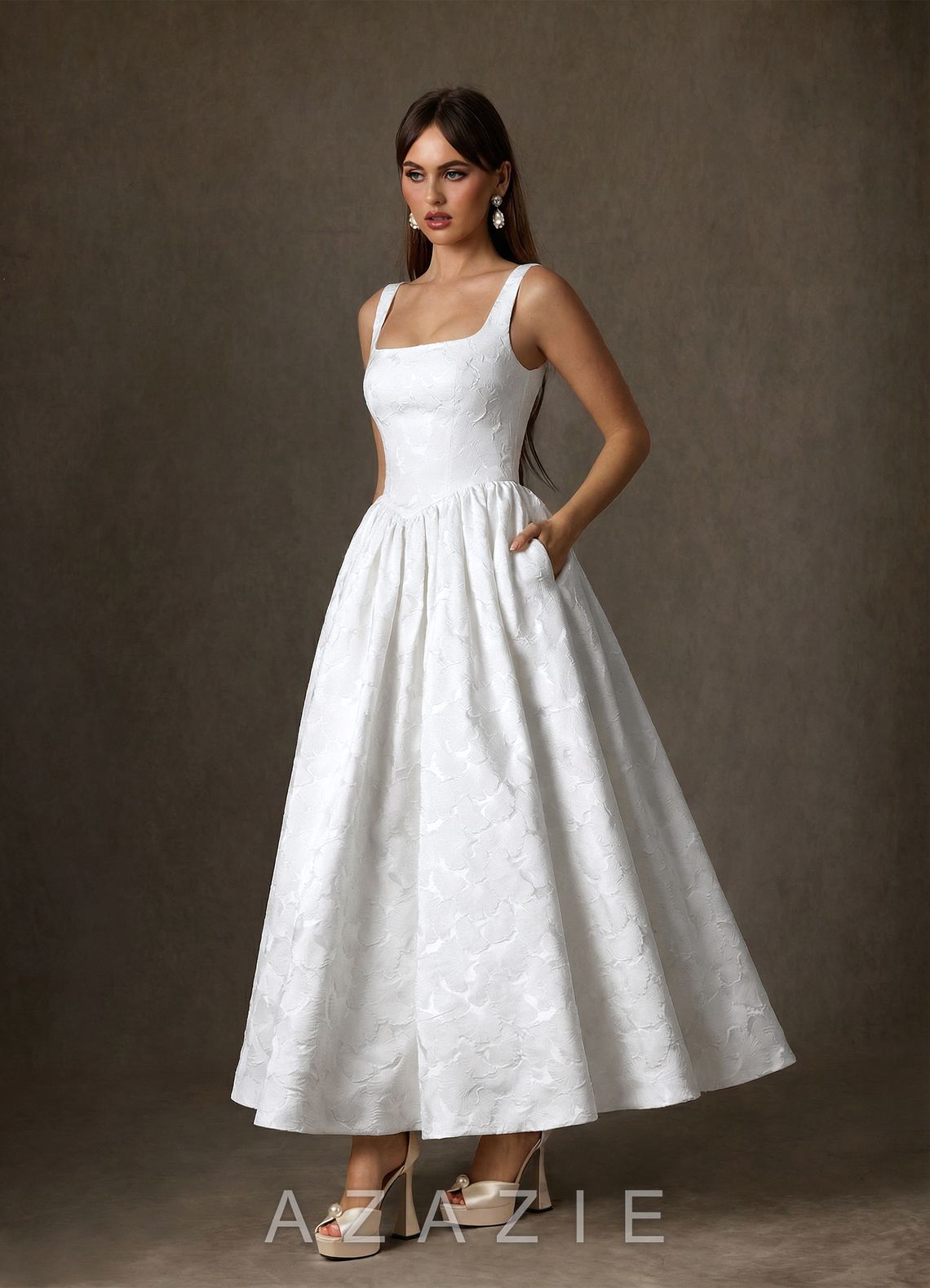 Azazie Verina Diamond White A-Line with Pockets Floral Jacquard Dress