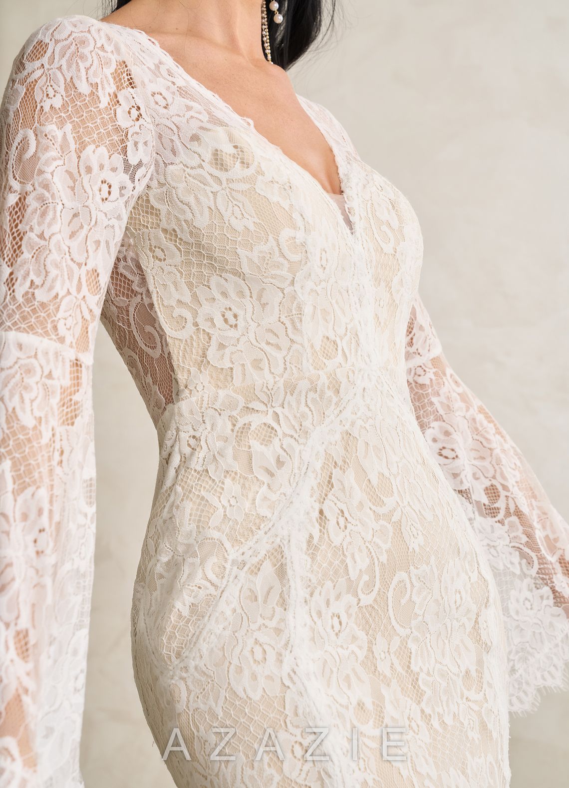 Azazie Hayes Wedding Dress Diamond White Champagne Mermaid V-Neck Lace Dress diamond_white/champagne