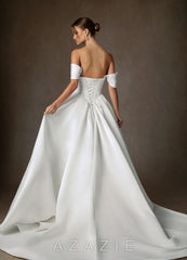 Azazie Suki Diamond White Ball-Gown Off the Shoulder Satin Dress