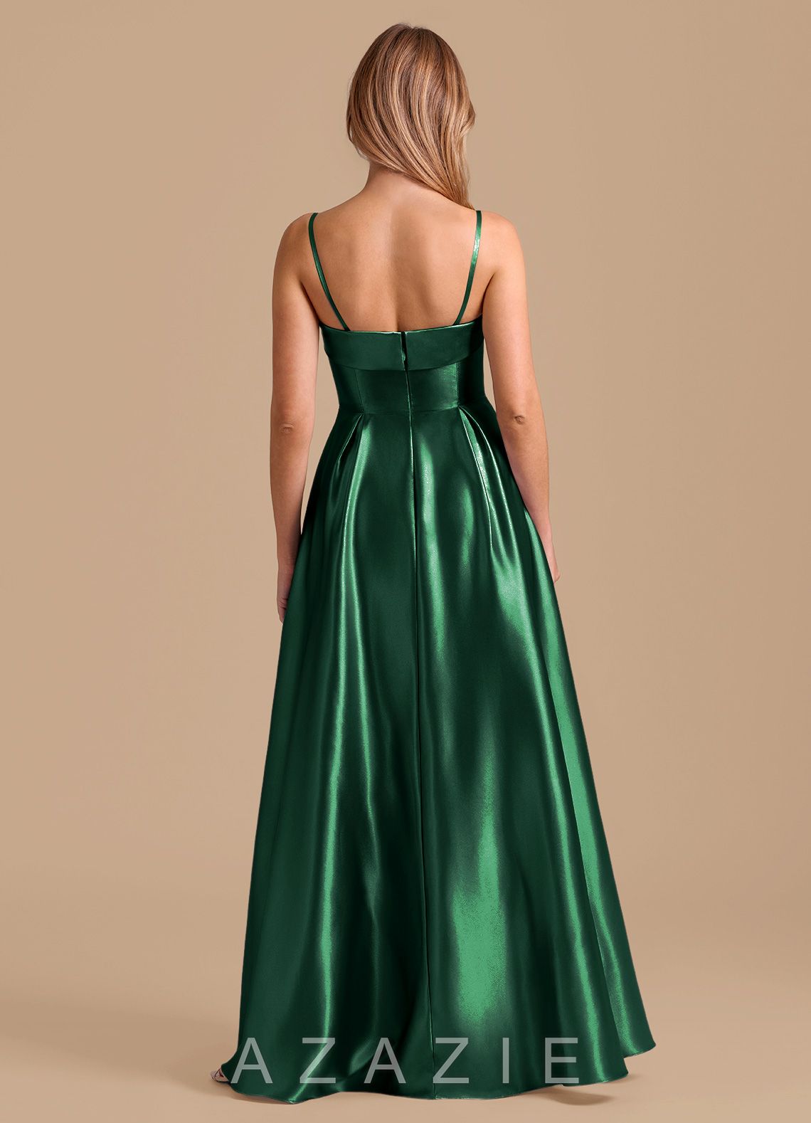 Azazie Lucienne Dark Green A-Line Pleated Metallic Satin Dress dark_green