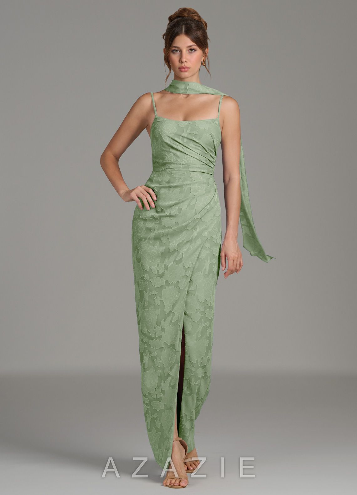 Azazie Calandra Dusty Sage Sheath Pleated Floral Burnout Dress