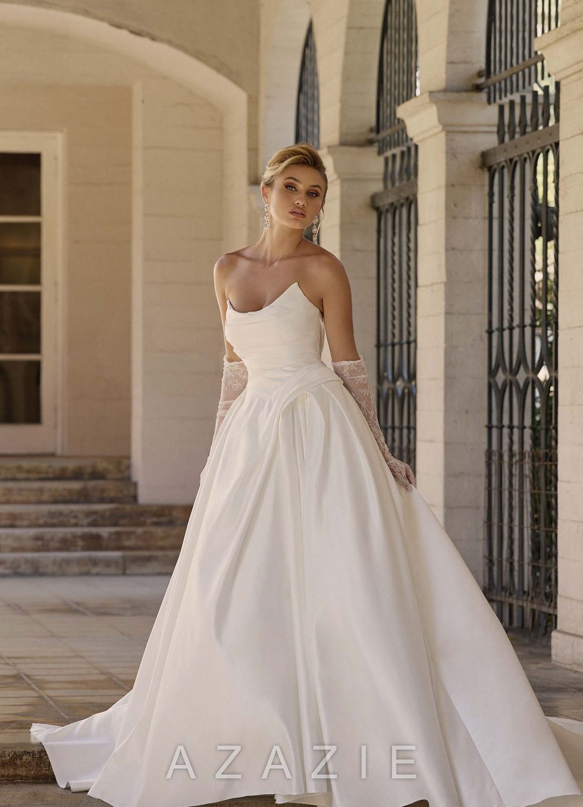 Azazie Adelise Diamond White Ball-Gown Strapless Satin Dress diamond_white