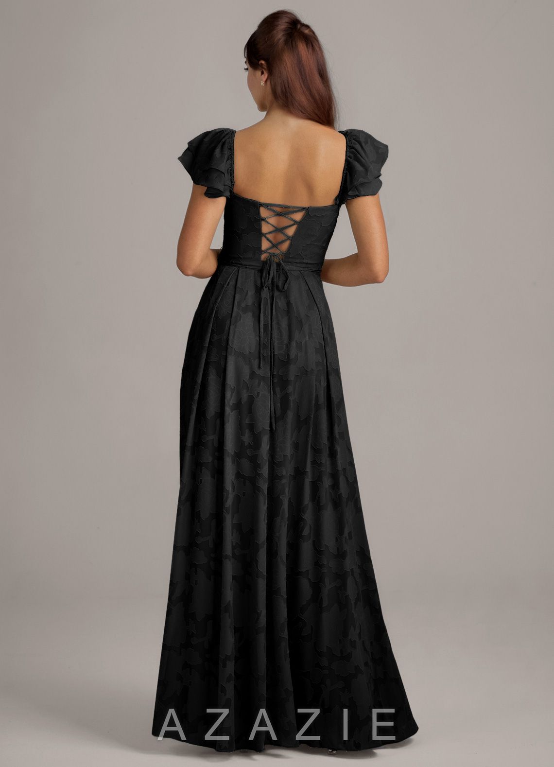 Azazie Aricella Black A-Line Corset Floral Burnout Dress black