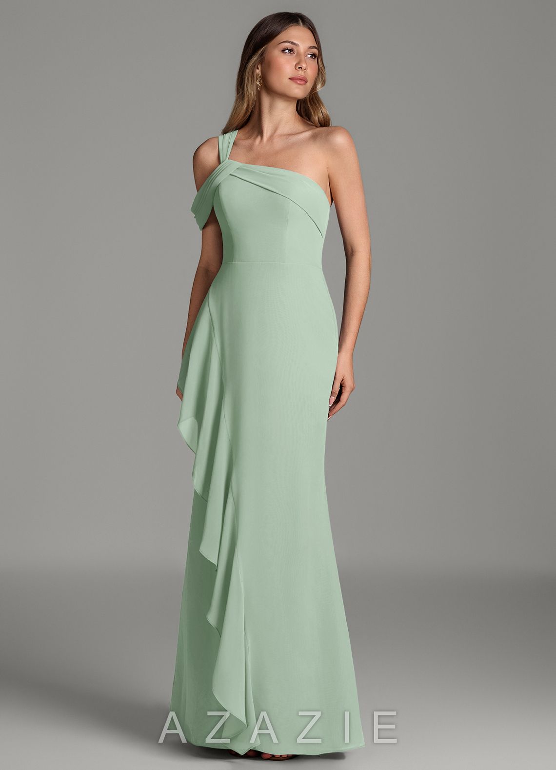 Azazie Ashlynn Agave Mermaid Off the Shoulder Chiffon Dress