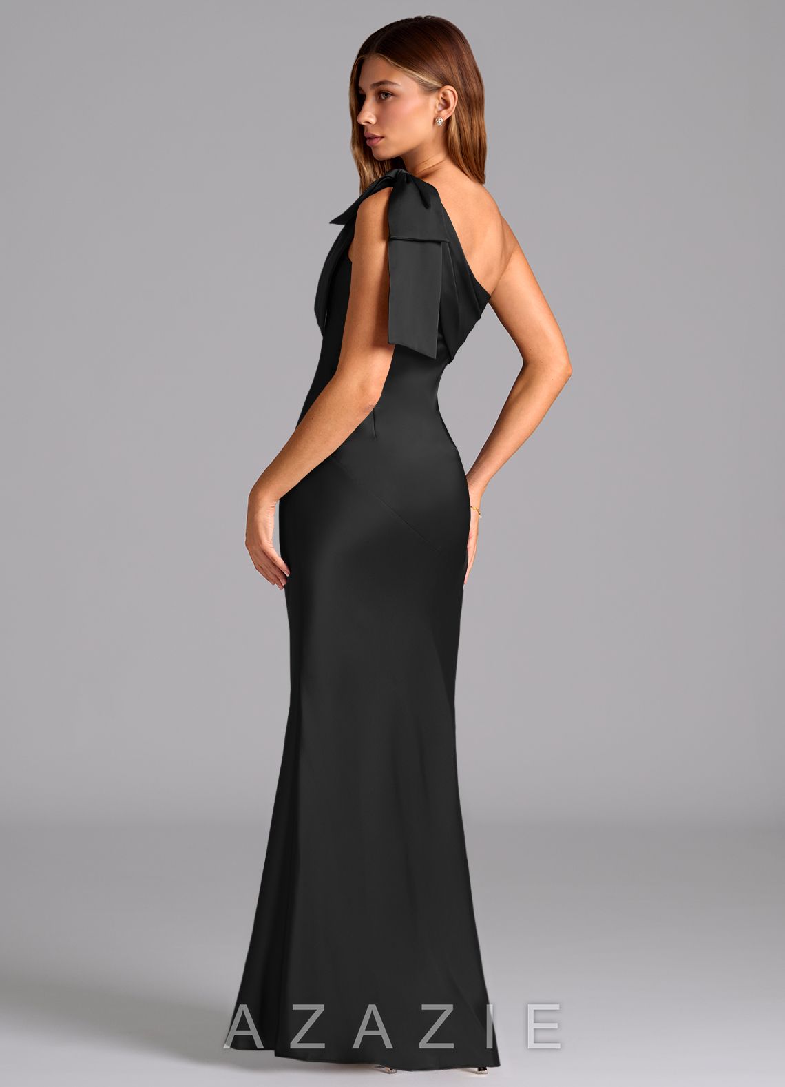 Azazie Yuanna Black Mermaid One Shoulder Stretch Satin Dress black