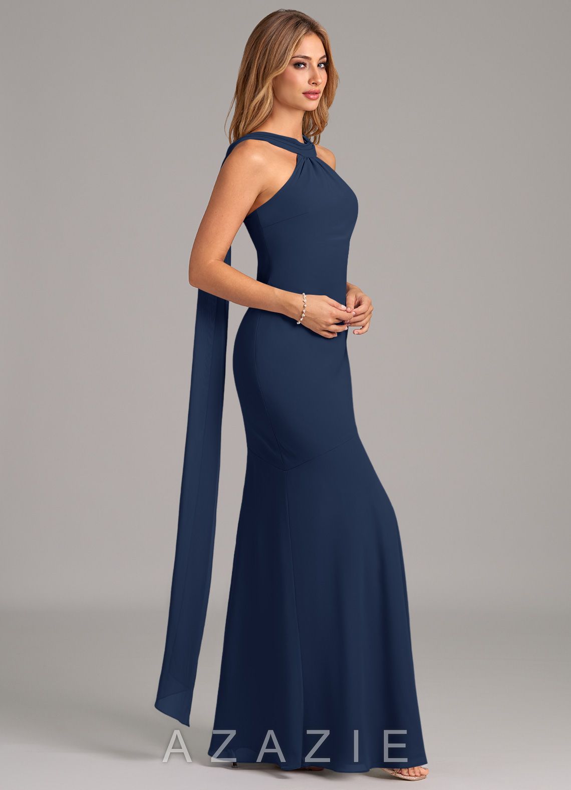 Azazie Kinsley Dark Navy Mermaid Pleated Chiffon Dress dark_navy
