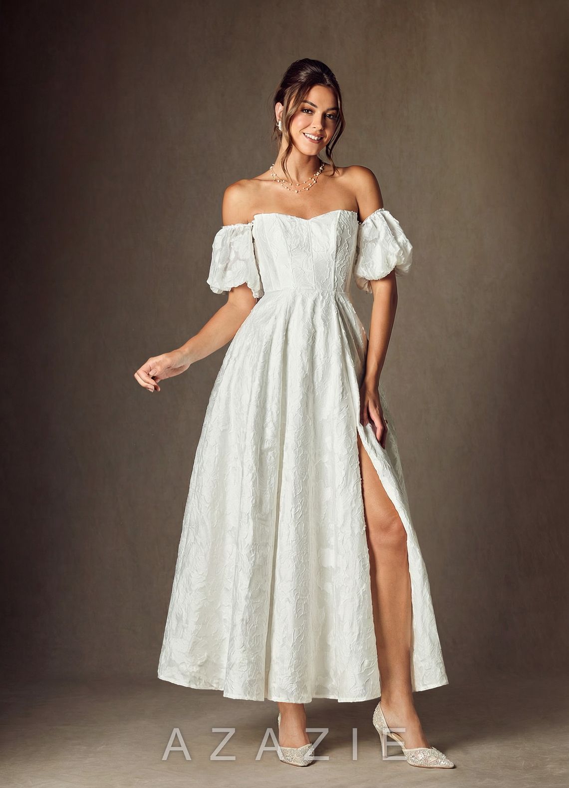 Azazie Clotille Diamond White Ball-Gown Sweetheart Neckline Floral Burnout Jacquard Dress