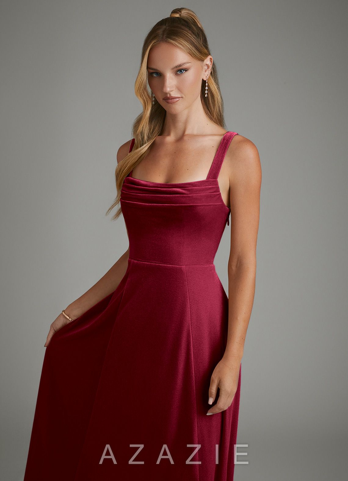Azazie Shaude Burgundy A-Line Pleated Velvet Dress burgundy