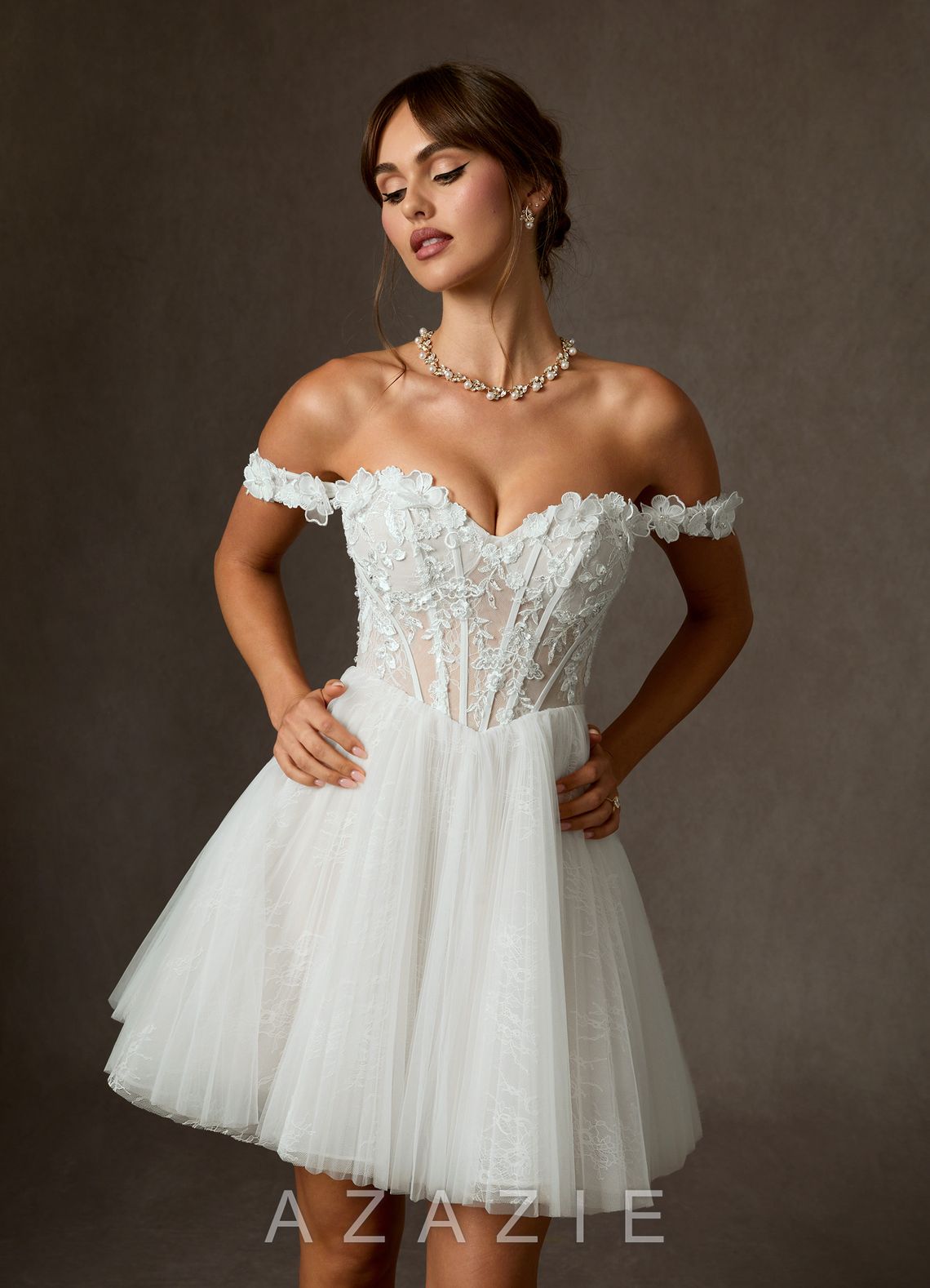 Azazie Sorel Diamond White Ball-Gown Off the Shoulder Lace Dress diamond_white