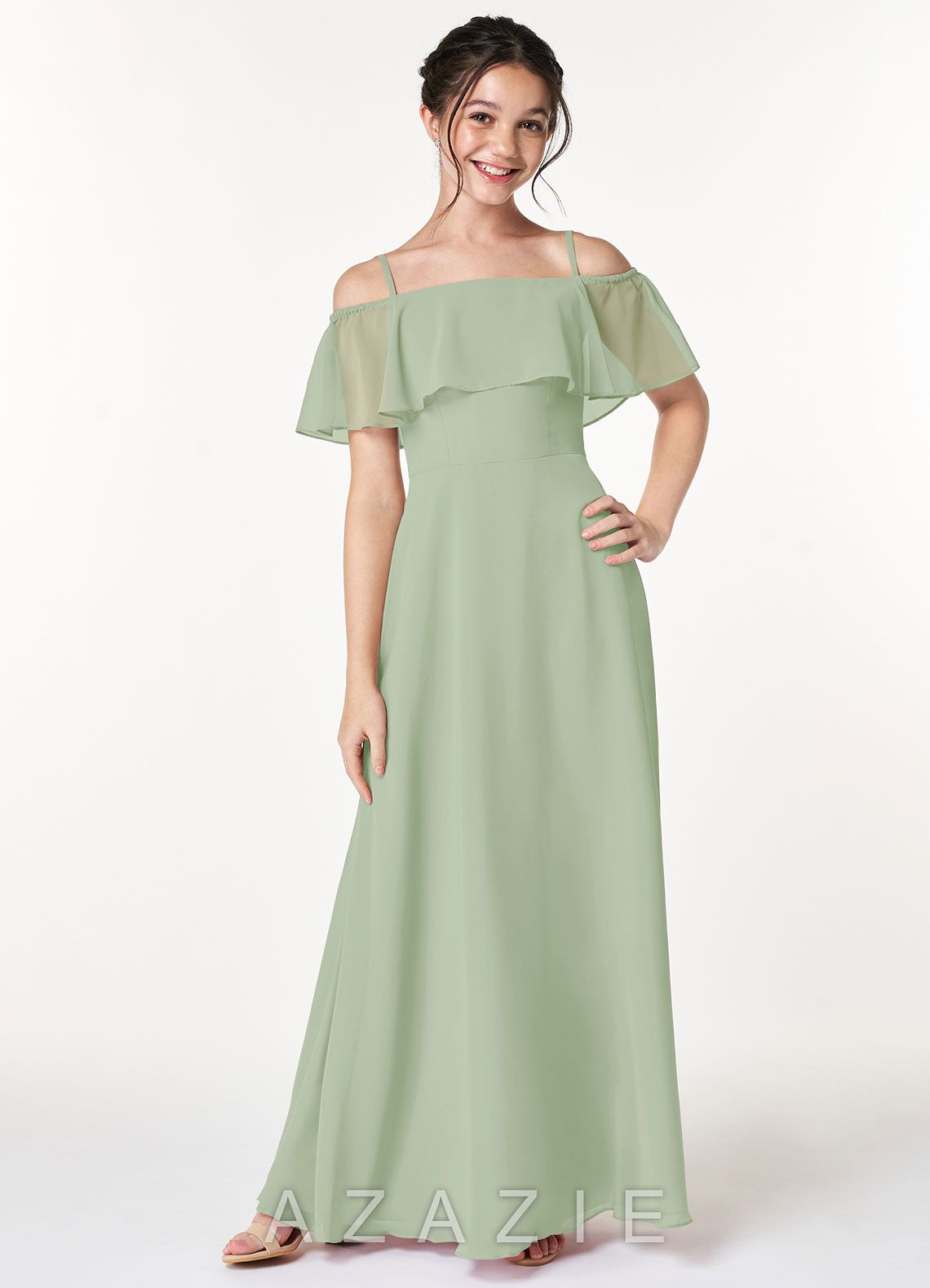 Azazie Maggie Junior Dusty Sage A-Line Off the Shoulder Chiffon Dress dusty_sage
