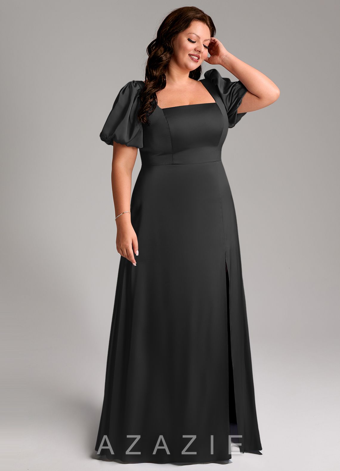 Azazie Fyona Black A-Line Pleated Stretch Satin Dress black
