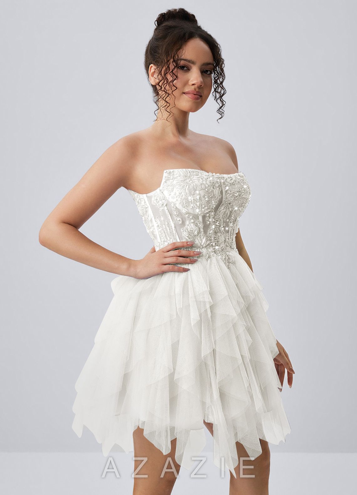 Madeline White Strapless 3D Floral Tulle Lace-Up Mini Dress