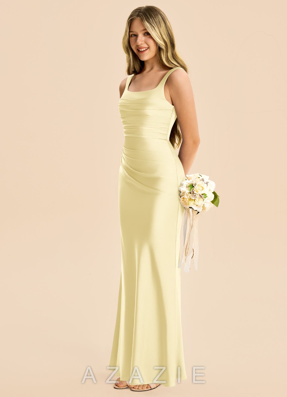 Azazie Agustina Junior Lemon Sorbet Sheath Pleated Stretch Satin Dress lemon_sorbet