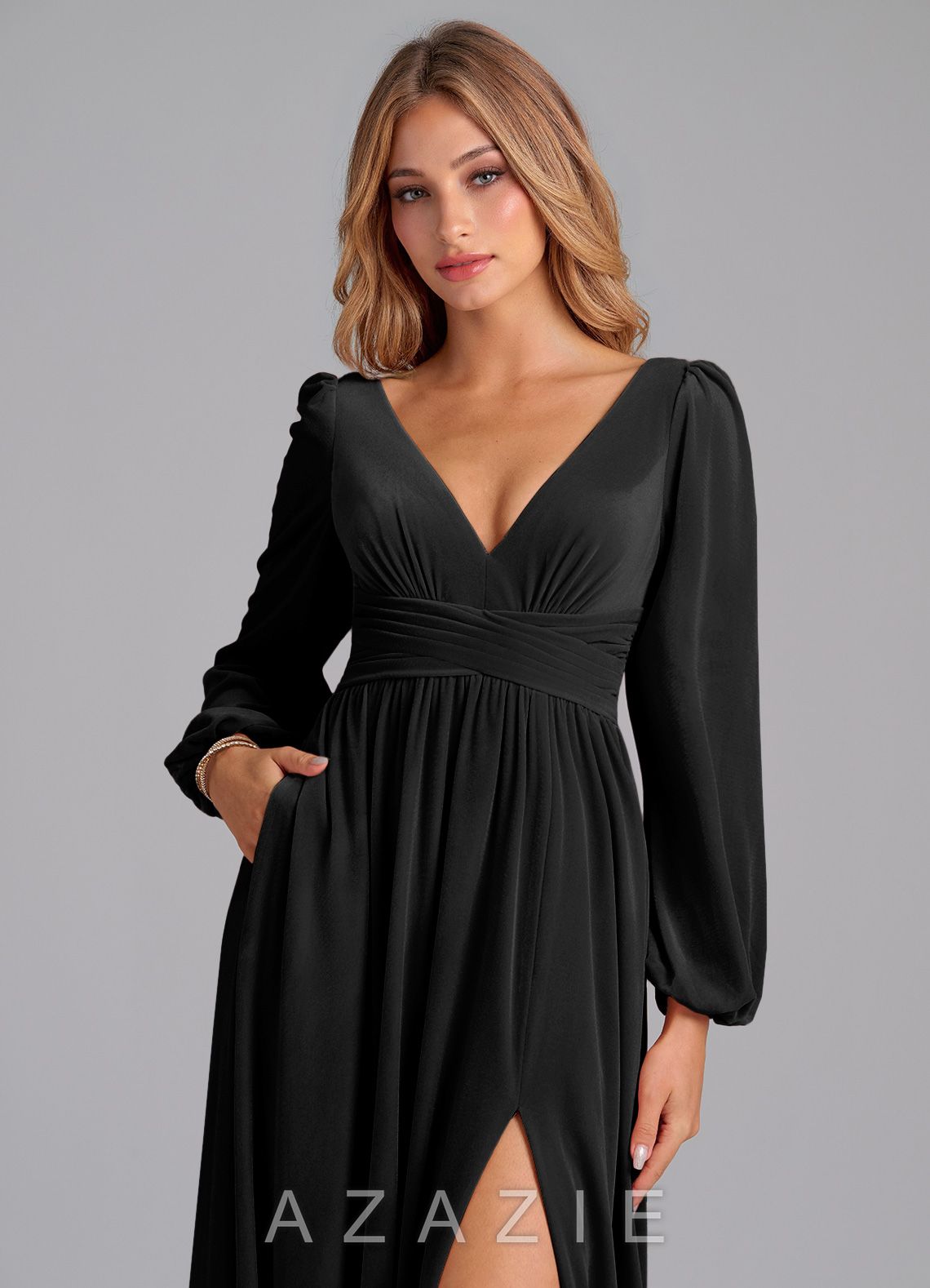 Azazie Norah Black A-Line Long Sleeve Velvet Dress black