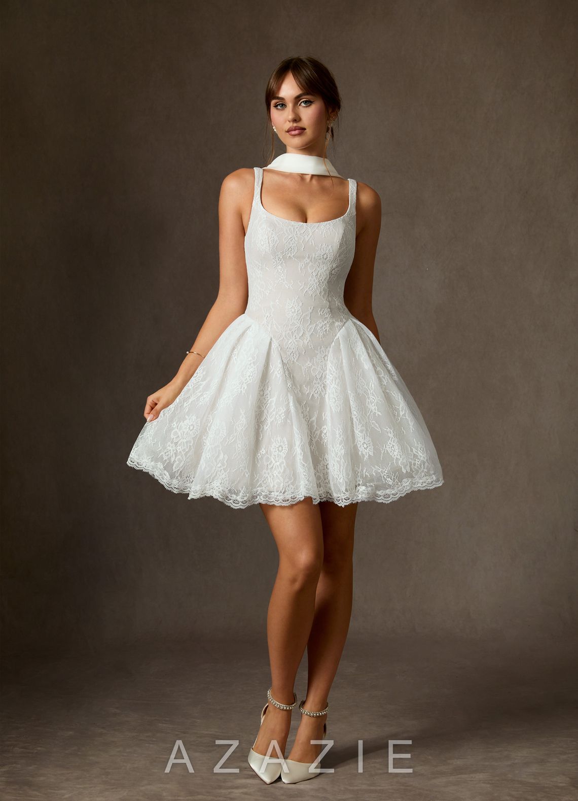 Azazie Dawn Diamond White A-Line Lace Dress