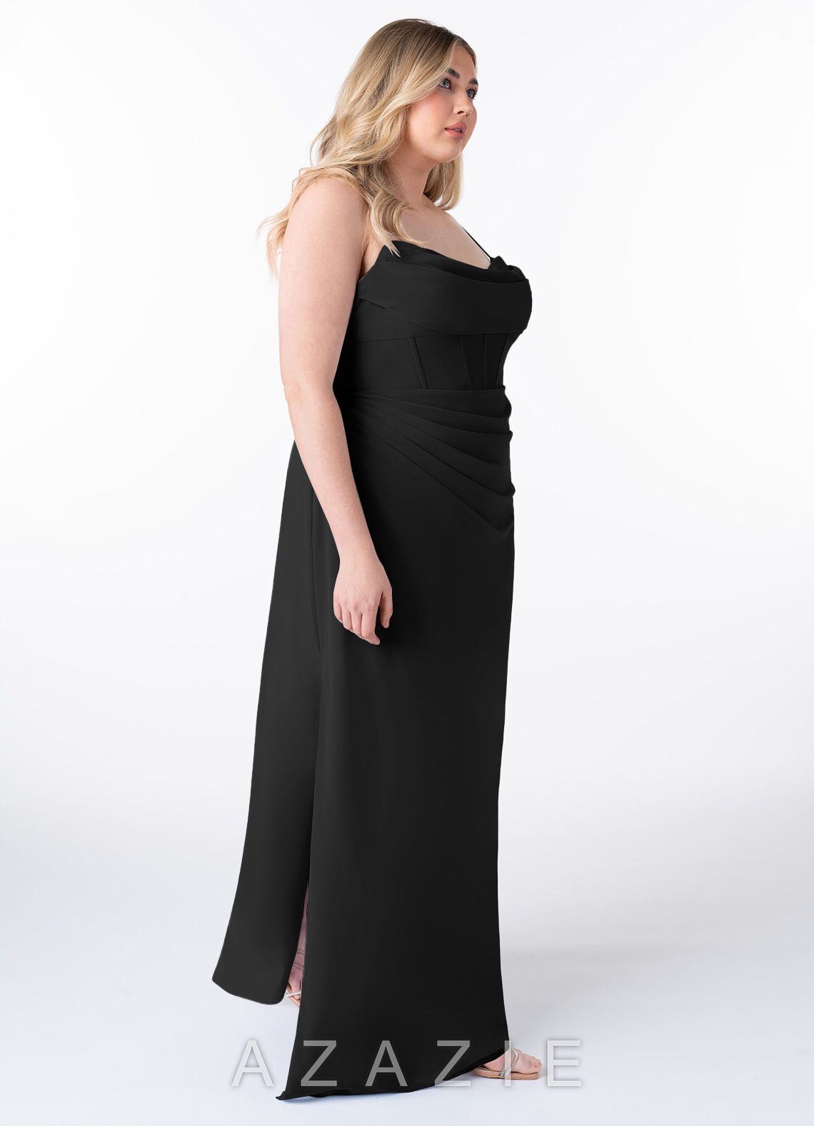 Azazie Mai Black Sheath Pleated Chiffon Dress black