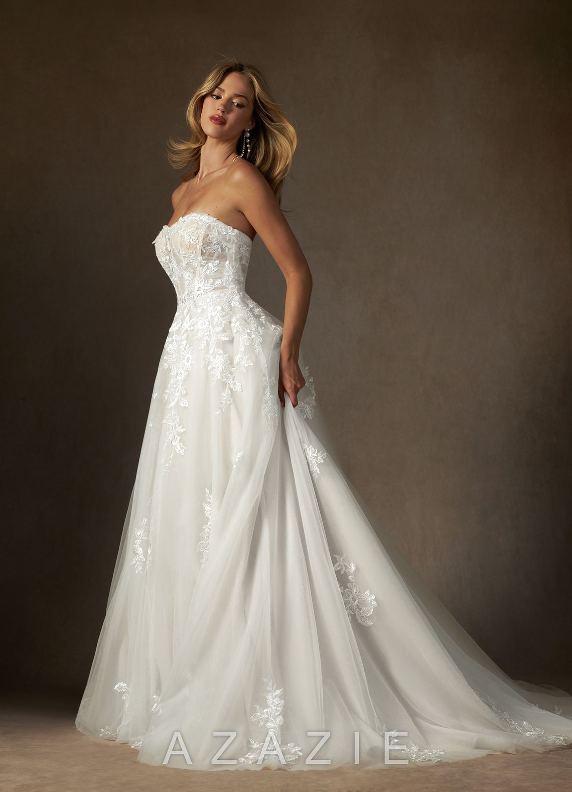 Azazie Keri Diamond White Ball-Gown Strapless Lace Dress diamond_white
