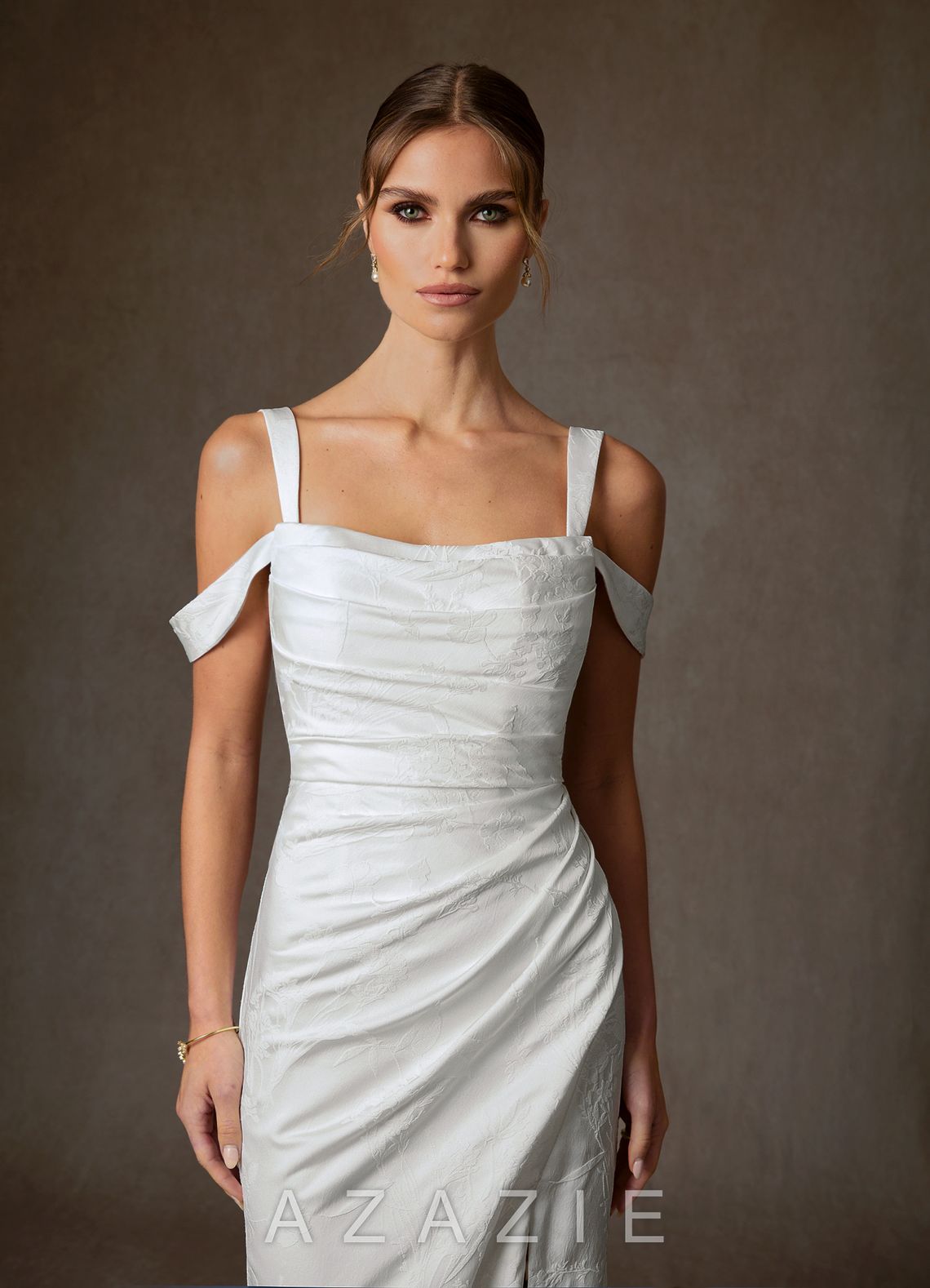 Azazie Tilly Diamond White Sheath Off the Shoulder Floral Jacquard Dress diamond_white