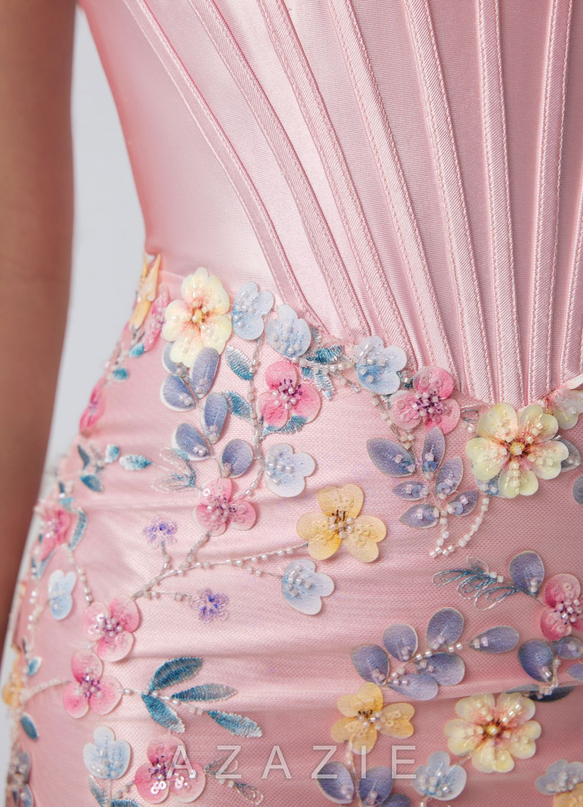 Ophelianna Blushing Pink multi-colored 3D Flowers Beading Stretch Satin Mini Dre