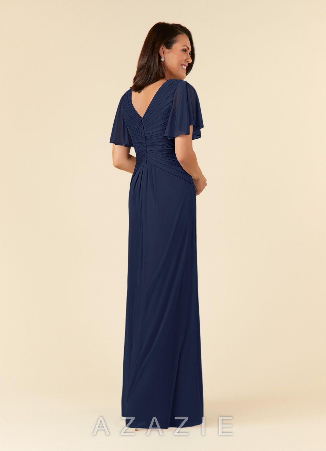 Azazie Emmeline Dark Navy A-Line V-Neck Pleated Mesh Dress dark_navy