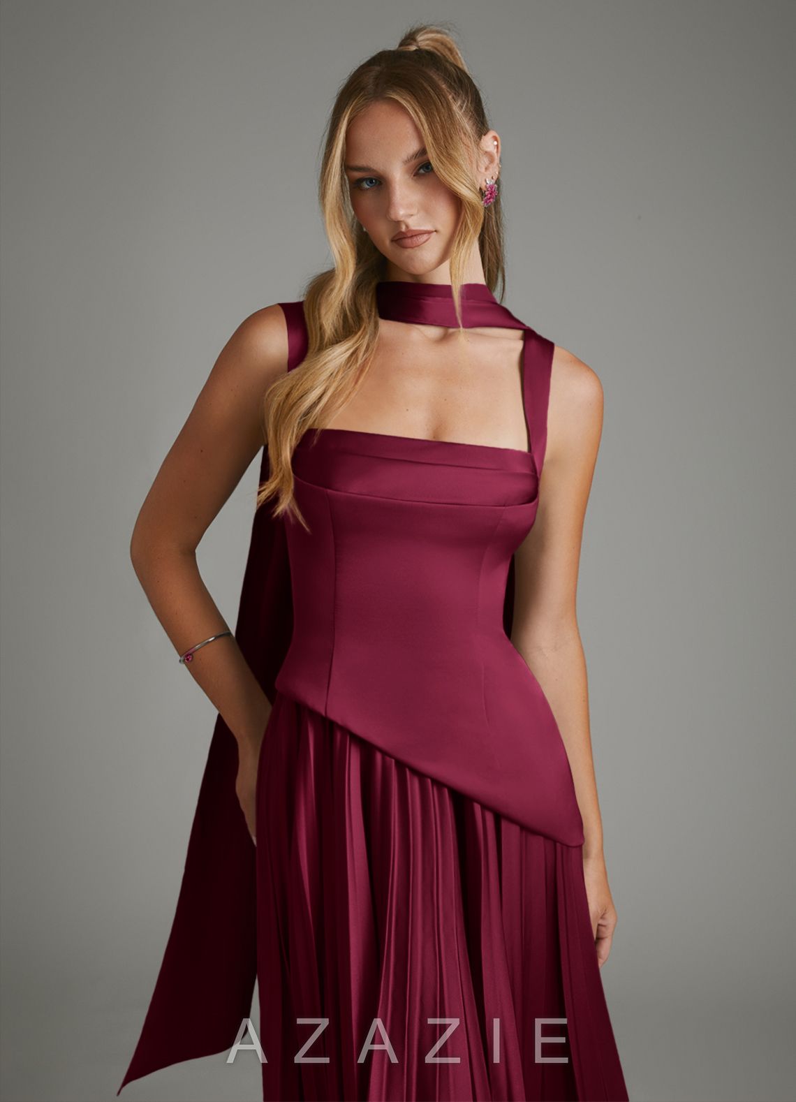 Azazie Stephanie Burgundy A-Line Corset Stretch Satin Dress burgundy