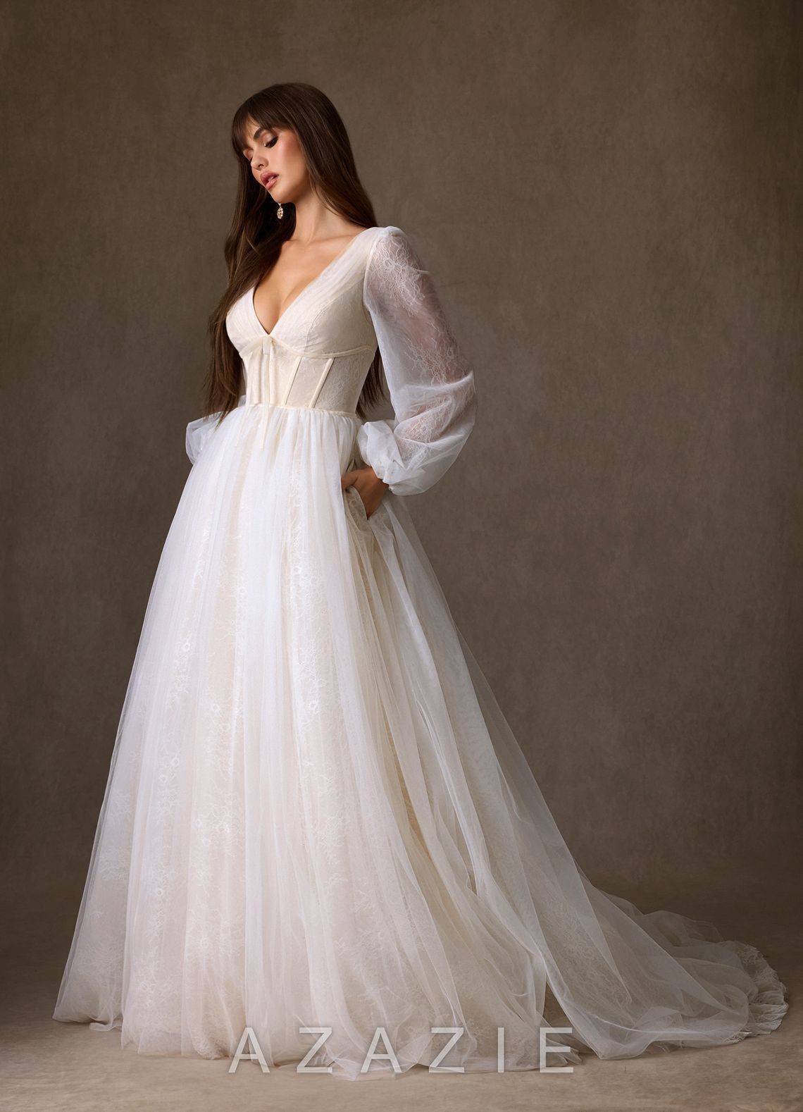 Azazie Cressida Wedding Dress Diamond White Champagne Ball-Gown Lace Tulle Dress diamond_white/champagne