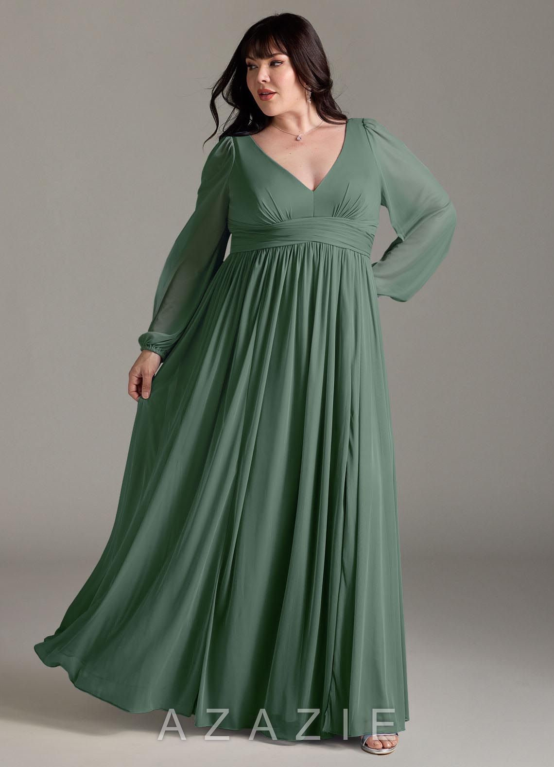 Azazie Norah Eucalyptus A-Line V-Neck Long Sleeve Chiffon Dress eucalyptus