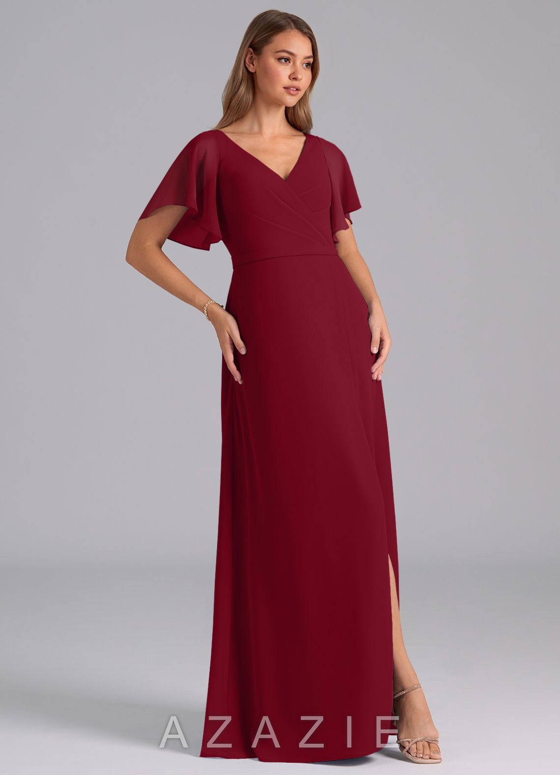 Azazie Ambrosia Burgundy A-Line Pleated Chiffon Dress burgundy