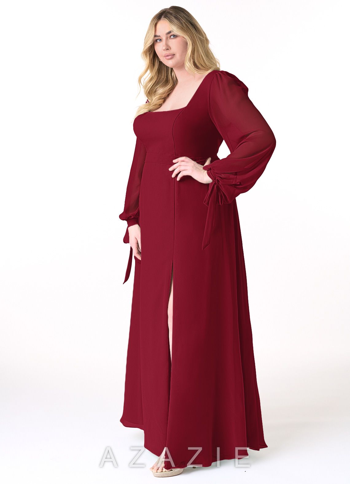 Azazie Leonia Burgundy A-Line Long Sleeve Chiffon Dress burgundy