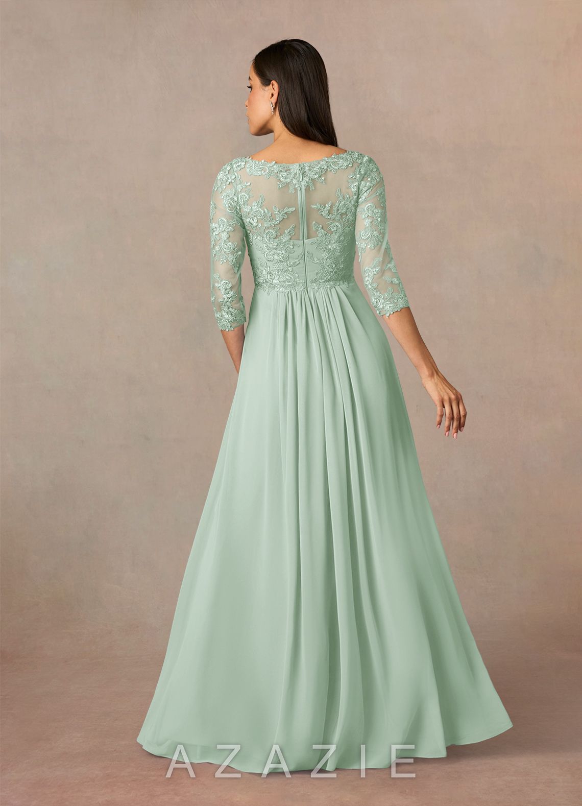 Azazie Hayek Agave A-Line V-Neck Lace Chiffon Dress agave