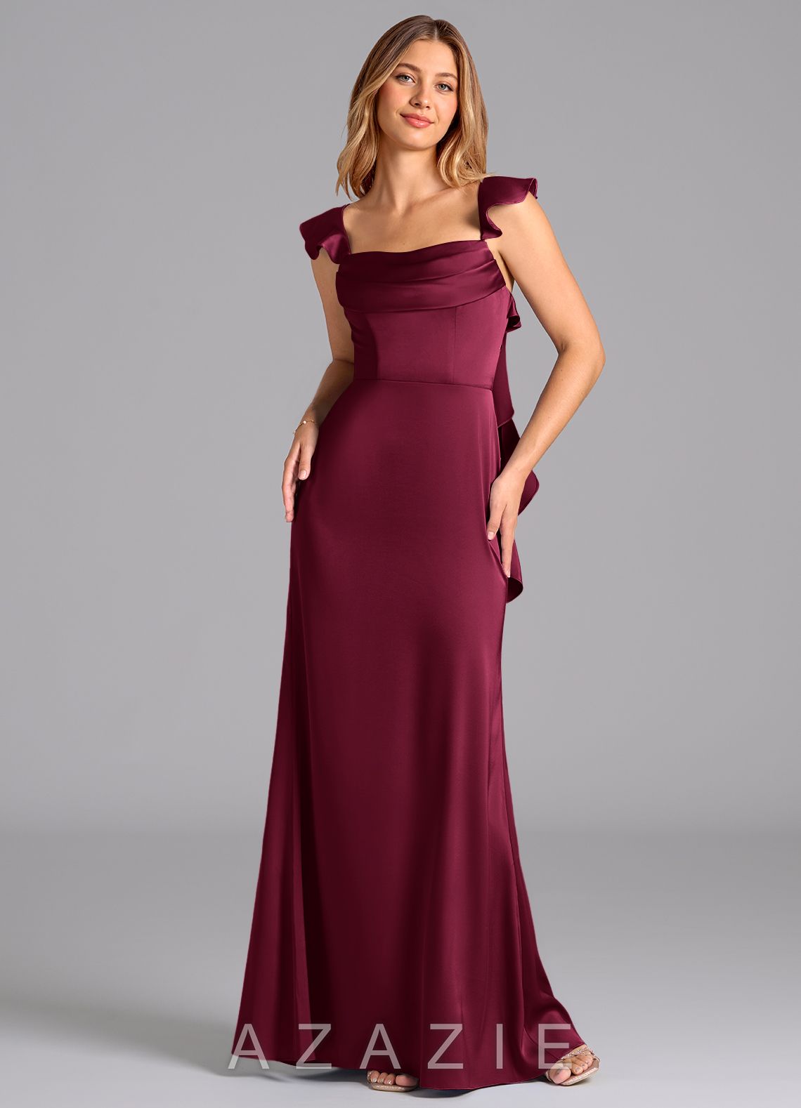 Azazie Adi Burgundy A-Line Pleated Stretch Satin Dress burgundy