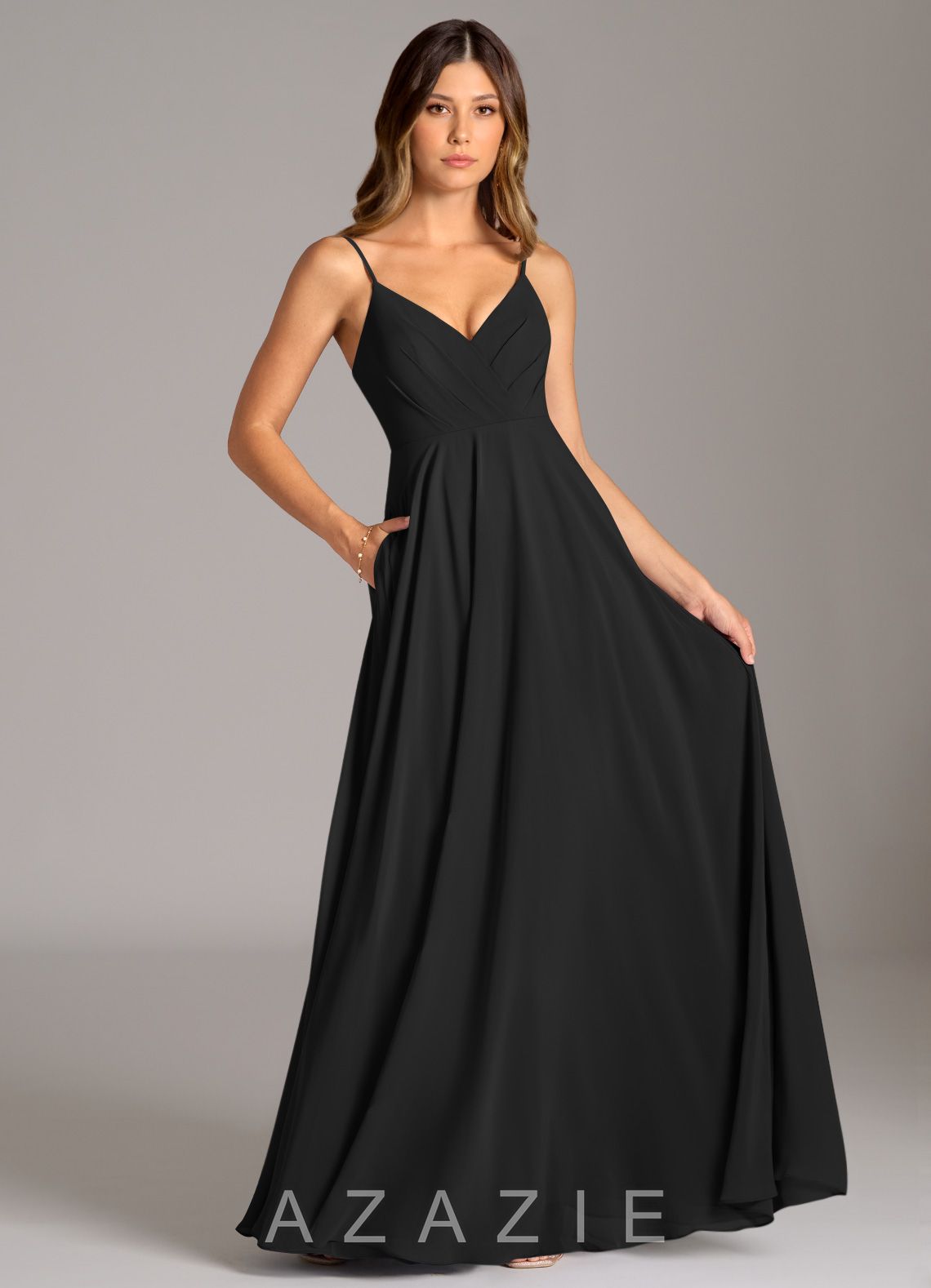 Azazie Amani Black A-Line Pleated Chiffon Dress black