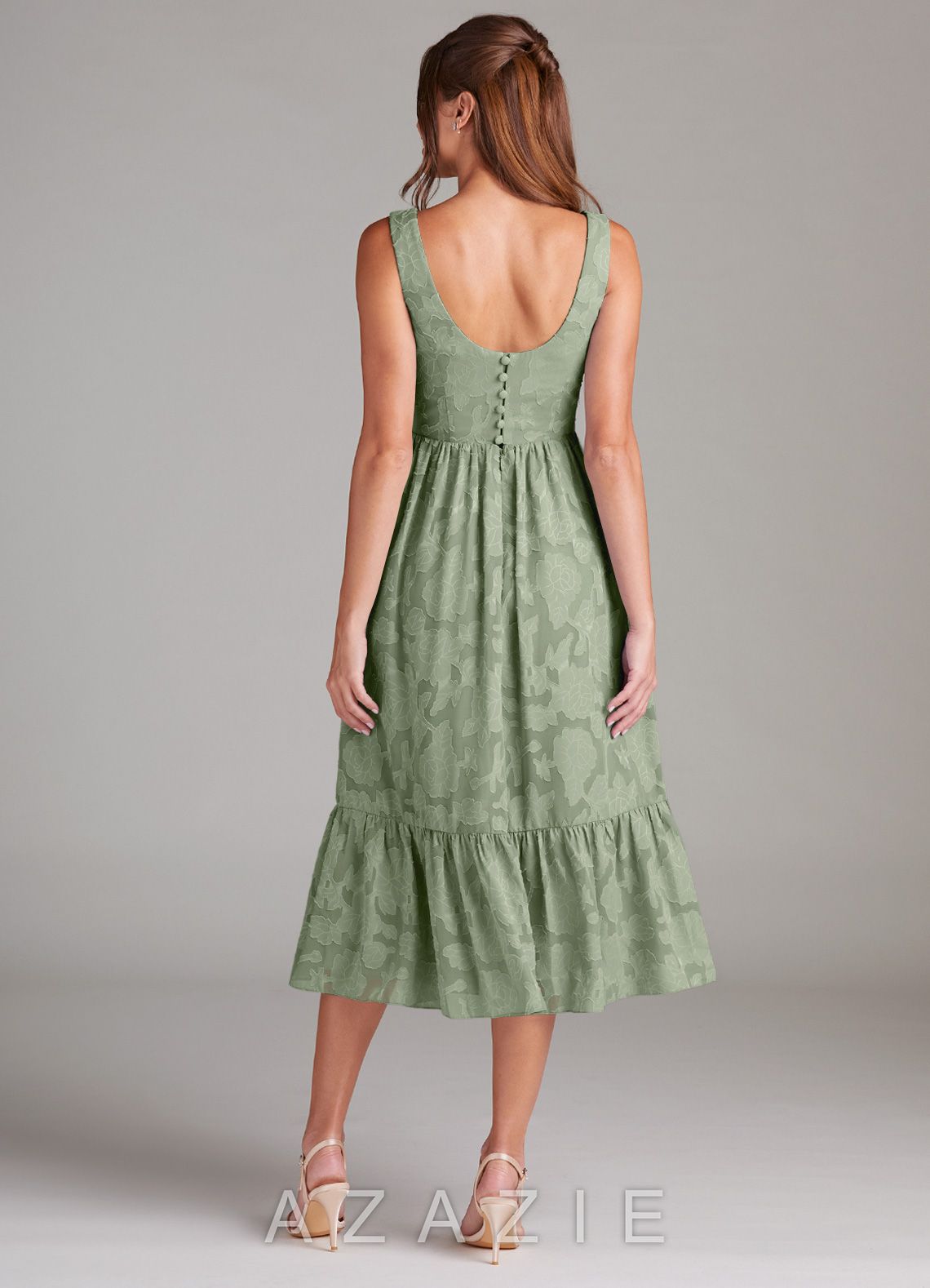 Azazie Alissa Agave A-Line with Pockets Floral Burnout Dress agave