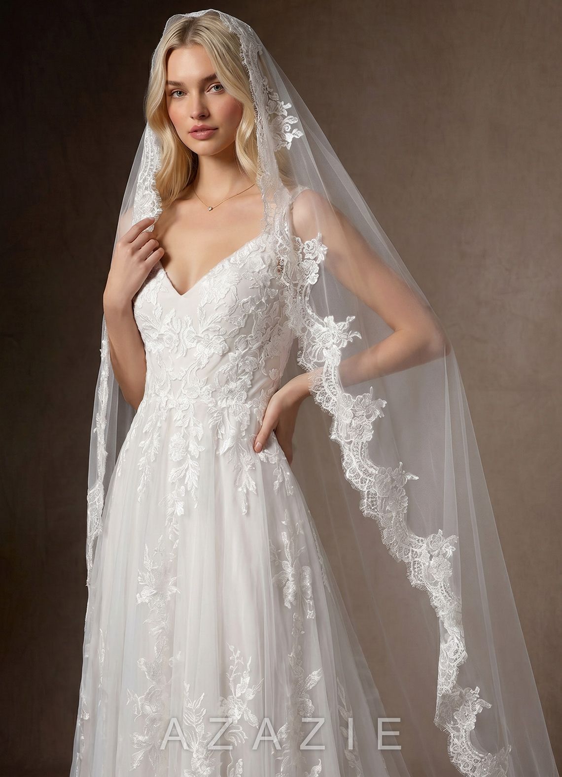 Floral Lace Edge Two Tier Fingertip Wedding Veil with Blusher  diamond_white