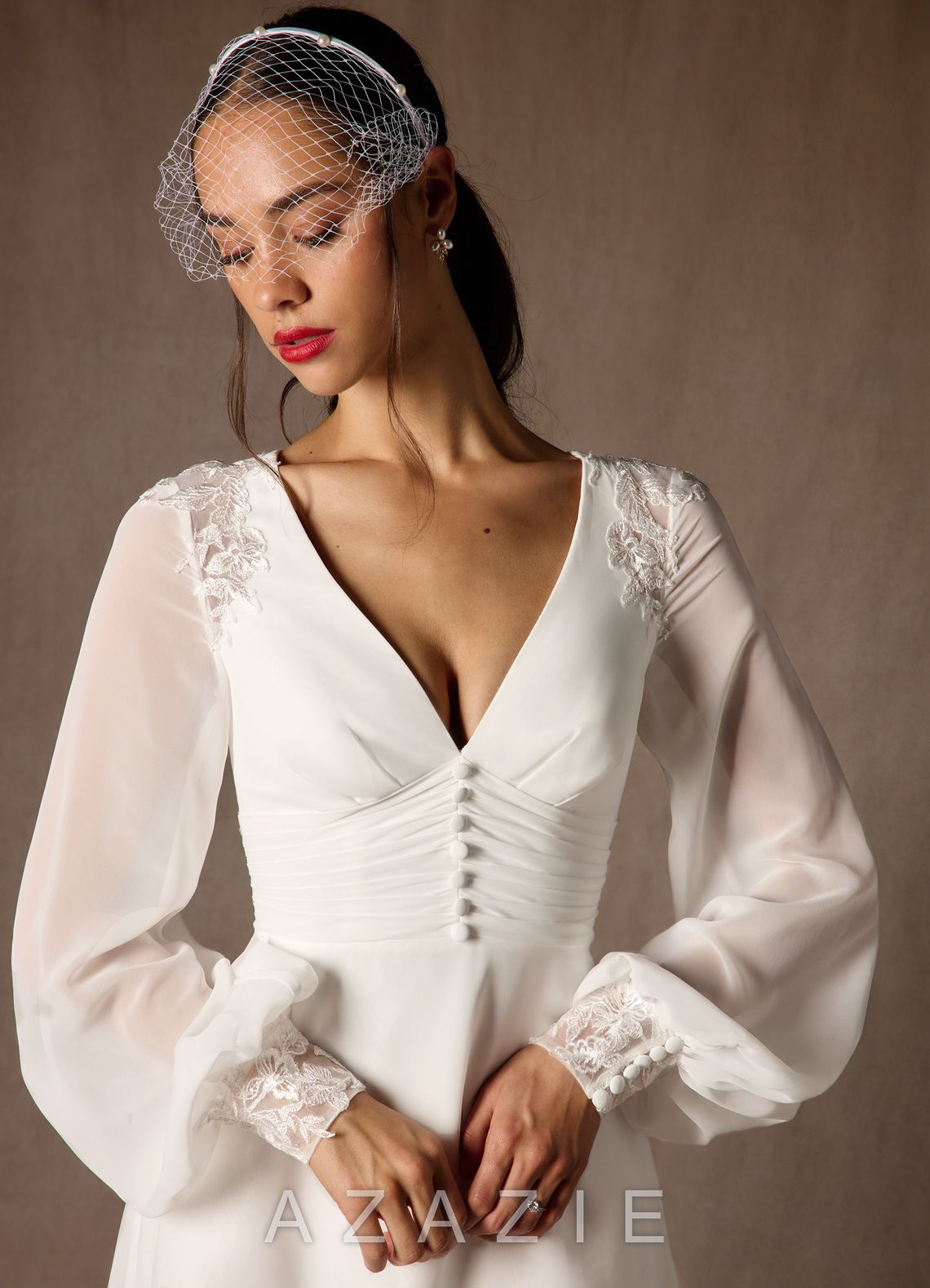 Azazie Amila Wedding Dress Diamond White A-Line V-Neck Lace Chiffon Dress