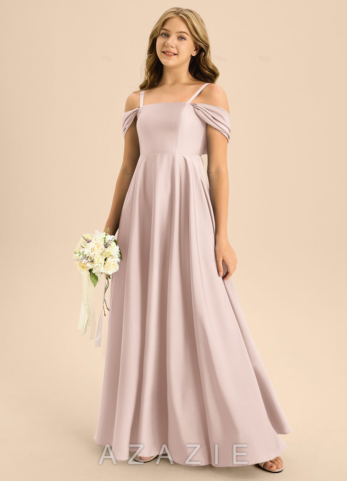 Azazie Rowena Junior Blushing Pink A-Line Bow Stretch Satin Dress blushing_pink