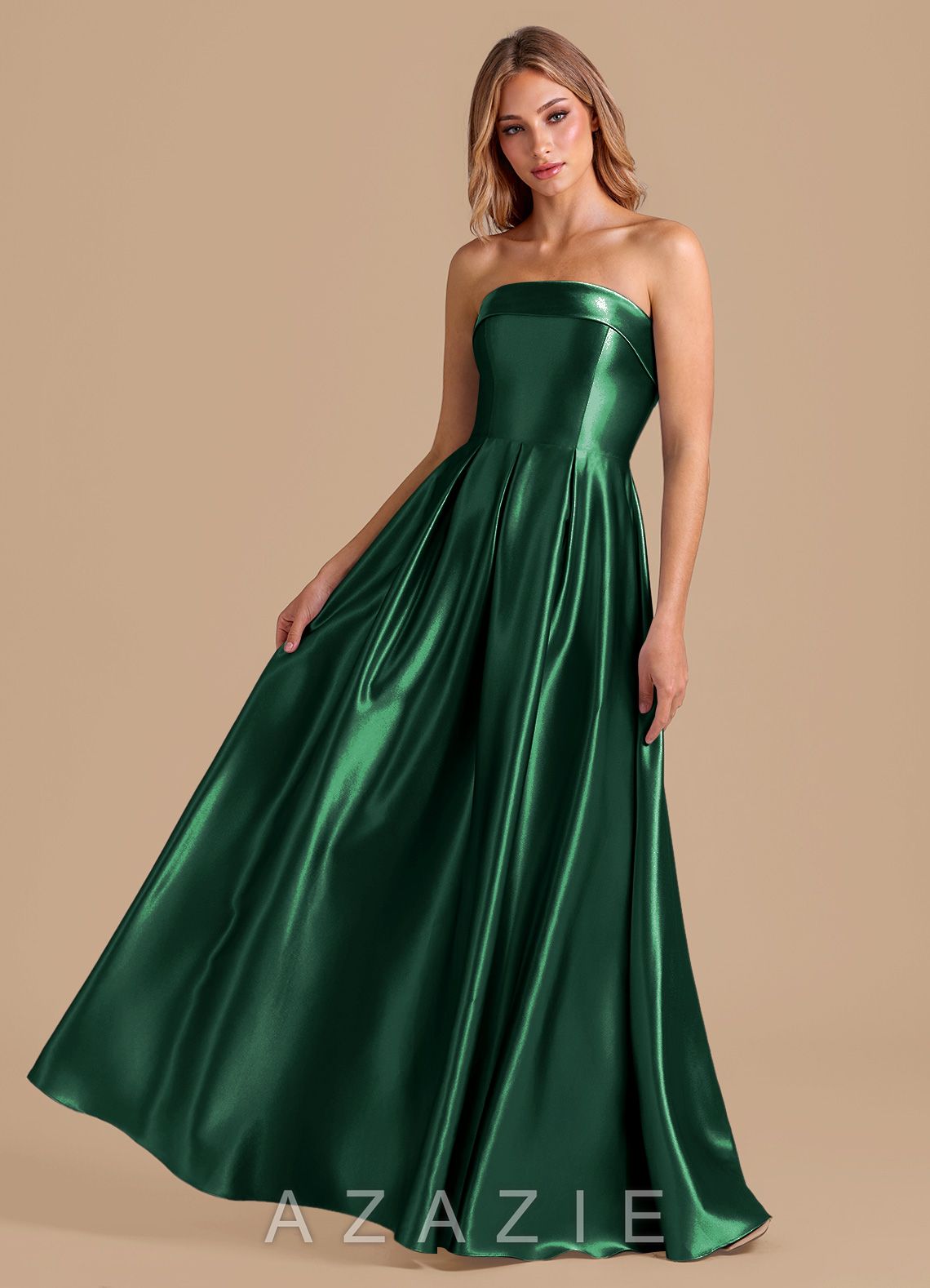 Azazie Lucienne Dark Green A-Line Pleated Metallic Satin Dress
