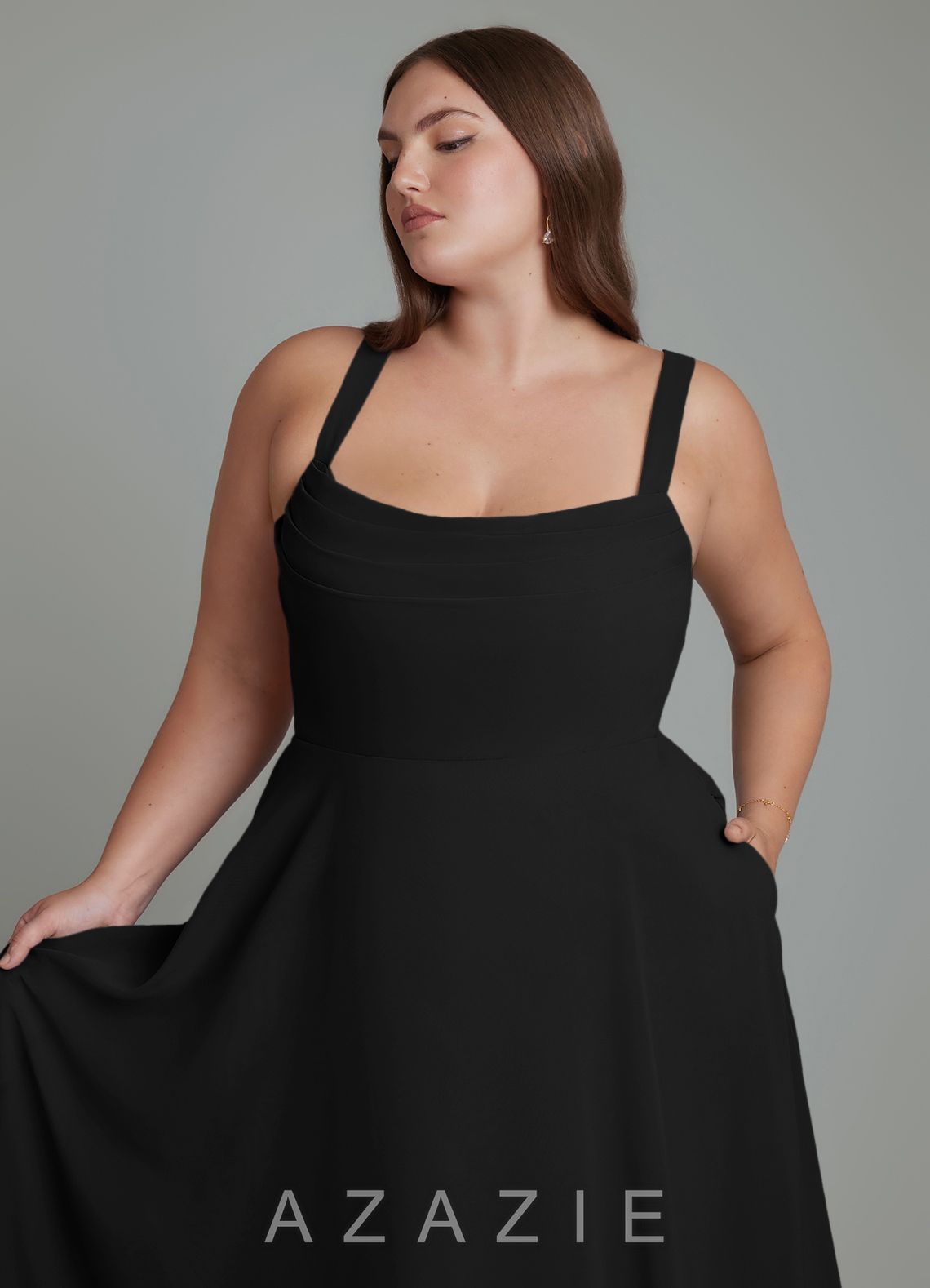 Azazie Shaude Black A-Line Pleated Chiffon Dress black