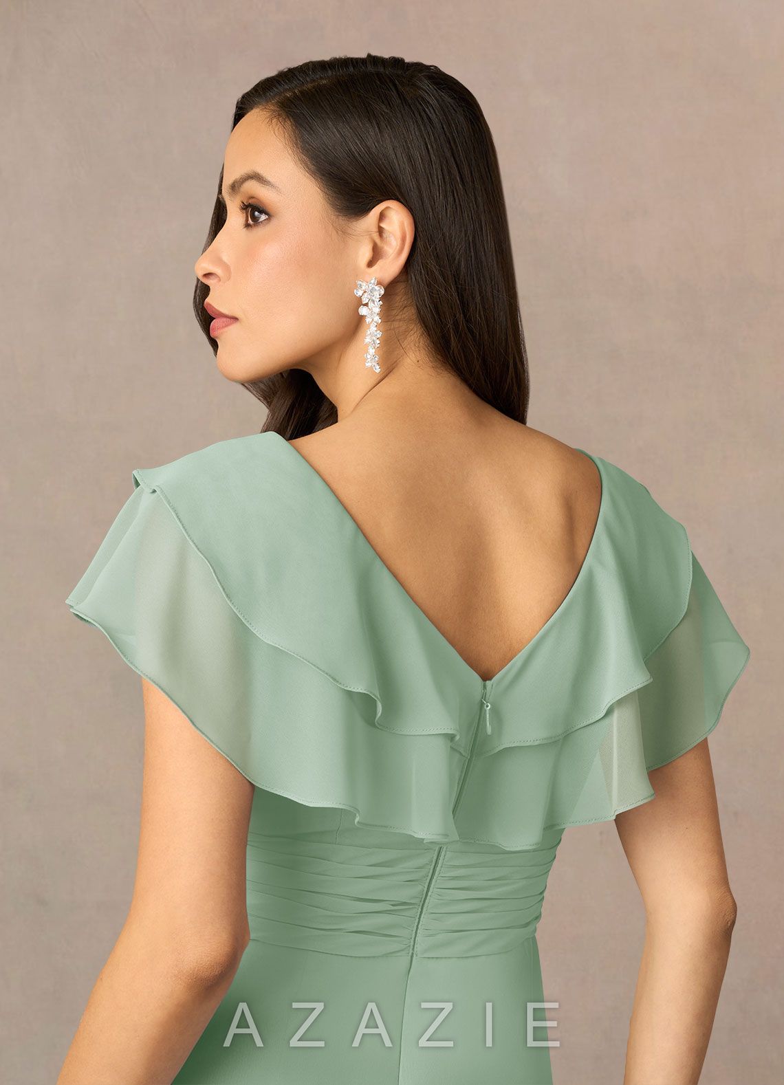 Azazie Snapdragon Agave A-Line V-Neck Ruched Chiffon Dress agave