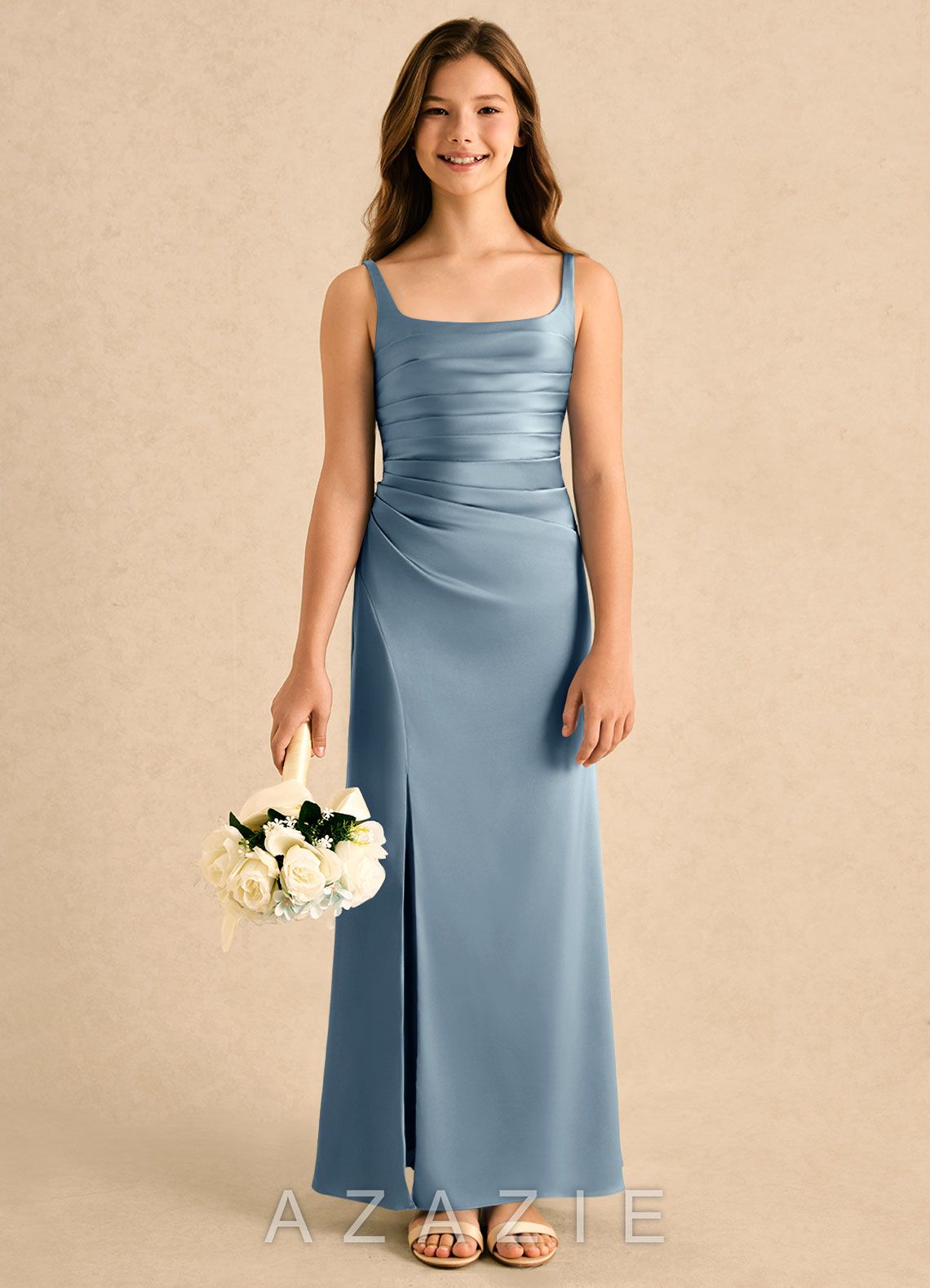 Azazie Nalah Girls Formal Dusty Blue A-Line Pleated Stretch Satin Dress dusty_blue