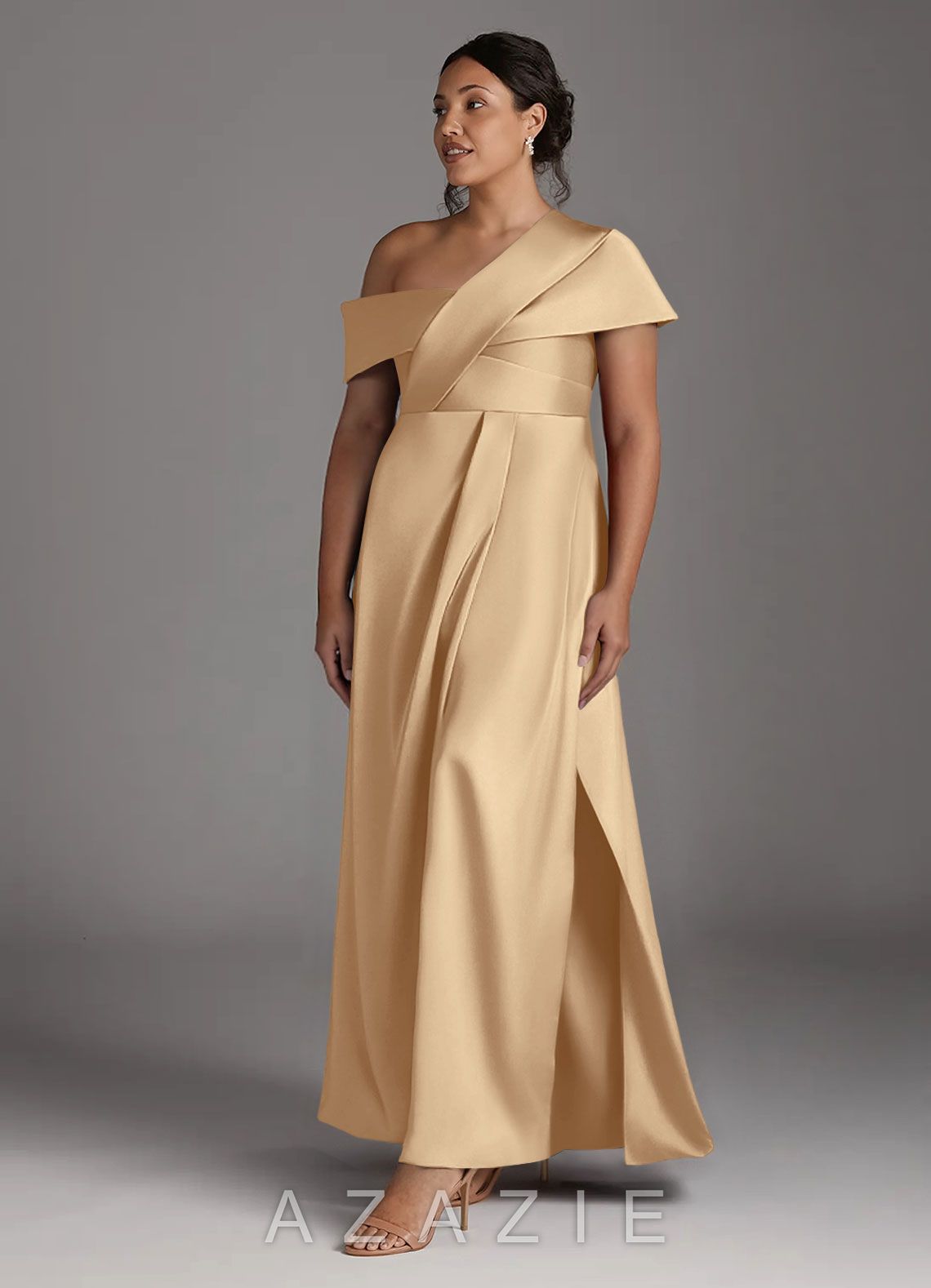 Azazie Milton Champagne A-Line Pleated Stretch Satin Dress champagne