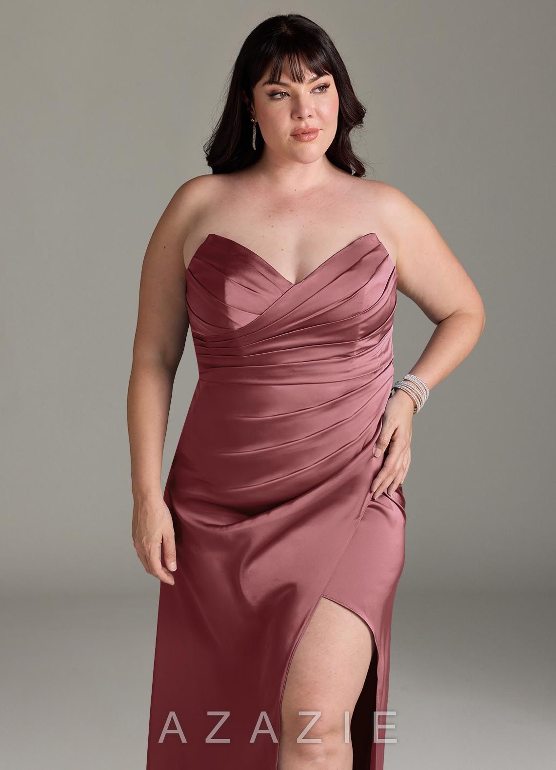 Azazie Yola Amethyst Sheath V-Neck Pleated Stretch Satin Convertible Dress amethyst